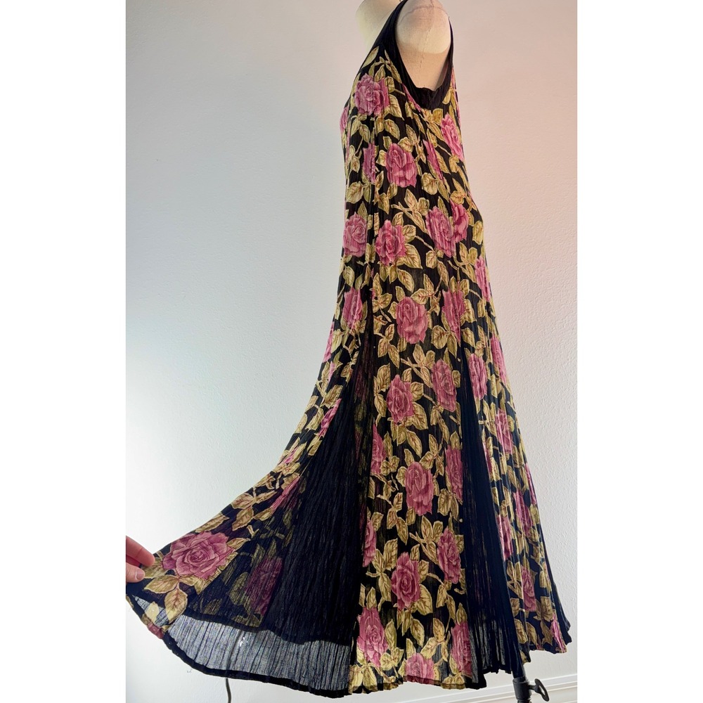Vintage 90s Y2K Starina Floral Pleated Maxi Dress Black Pink Rose Romantic Med - Picture 4 of 10